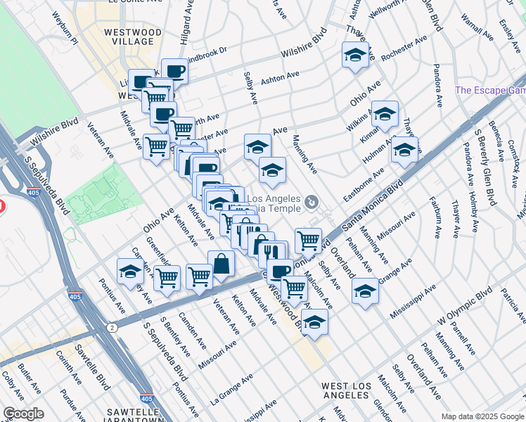 map of restaurants, bars, coffee shops, grocery stores, and more near 1644 Malcolm Avenue in Los Angeles