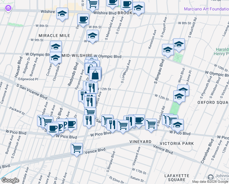 map of restaurants, bars, coffee shops, grocery stores, and more near 4918 West 12th Street in Los Angeles
