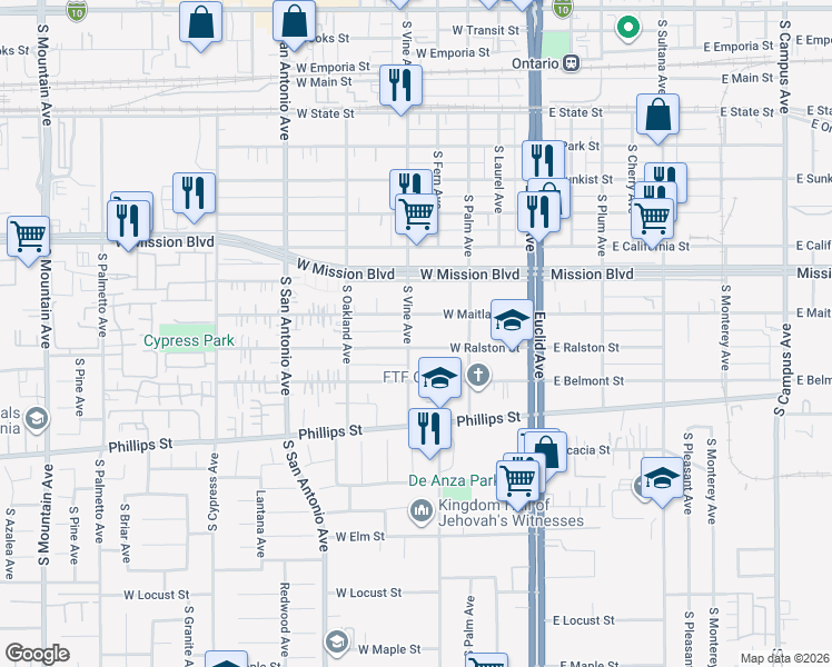map of restaurants, bars, coffee shops, grocery stores, and more near 1019 South Vine Avenue in Ontario