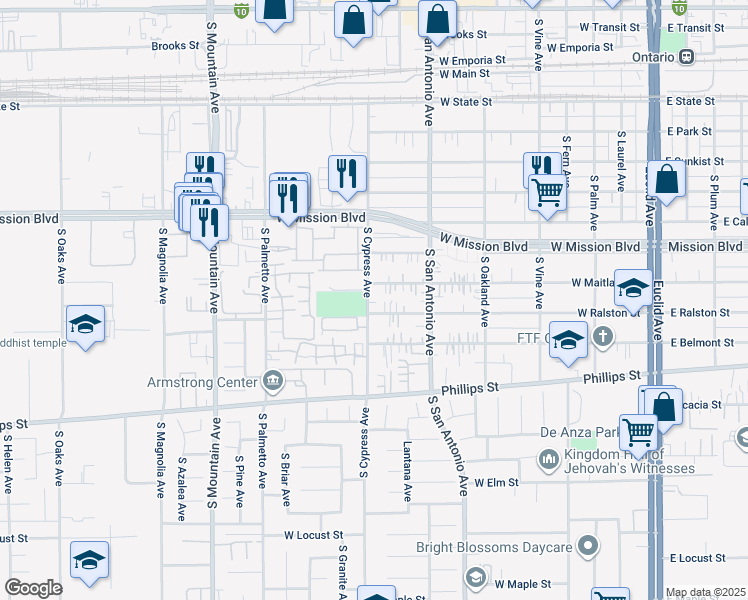 map of restaurants, bars, coffee shops, grocery stores, and more near 1019 South Cypress Avenue in Ontario