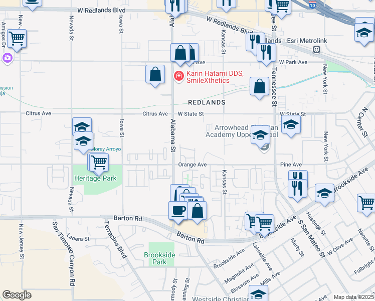 map of restaurants, bars, coffee shops, grocery stores, and more near 1510 Orange Avenue in Redlands