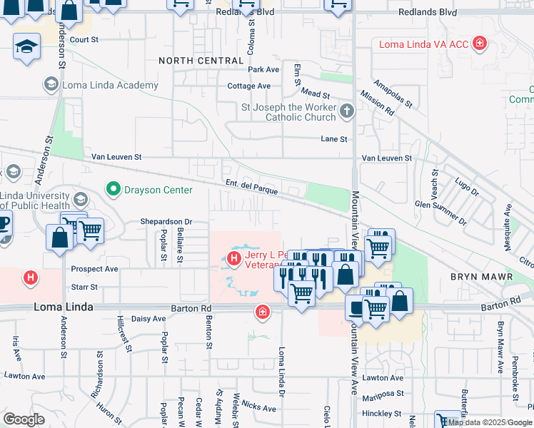 map of restaurants, bars, coffee shops, grocery stores, and more near 25461 Cole Street in Loma Linda