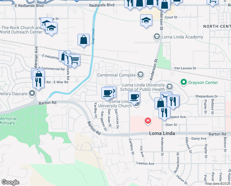 map of restaurants, bars, coffee shops, grocery stores, and more near 11052 Evans Street in Loma Linda