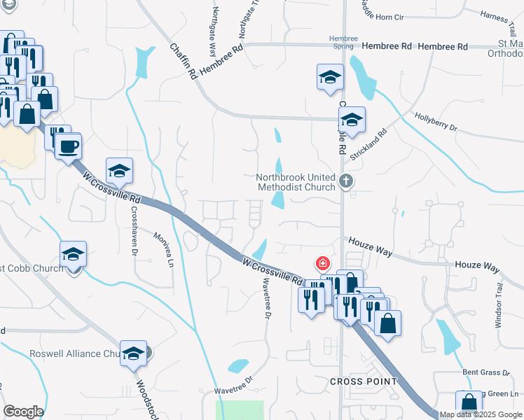 map of restaurants, bars, coffee shops, grocery stores, and more near 2024 Towneship Trail in Roswell