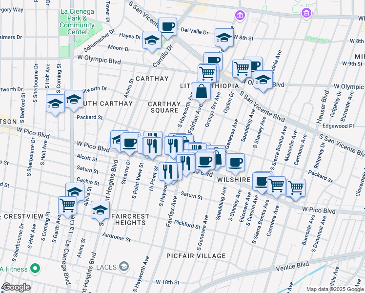 map of restaurants, bars, coffee shops, grocery stores, and more near 1215 South Fairfax Avenue in Los Angeles