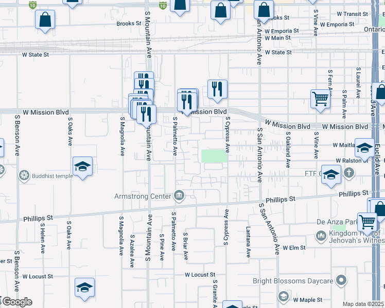 map of restaurants, bars, coffee shops, grocery stores, and more near 1031 South Palmetto Avenue in Ontario