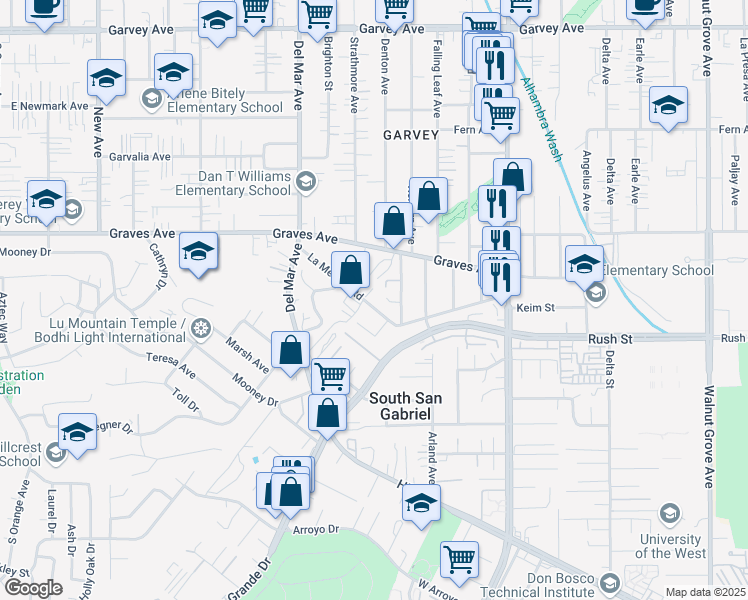 map of restaurants, bars, coffee shops, grocery stores, and more near 7931 La Merced Road in Rosemead