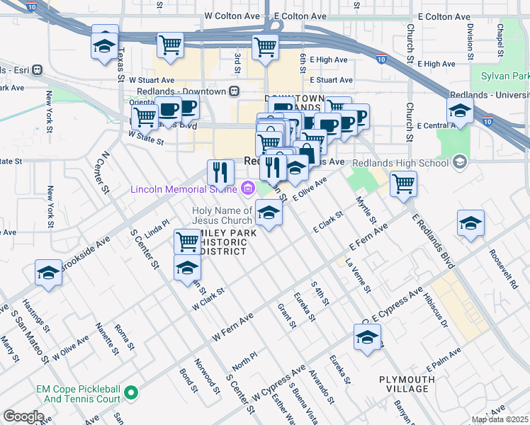 map of restaurants, bars, coffee shops, grocery stores, and more near 120 West Olive Avenue in Redlands