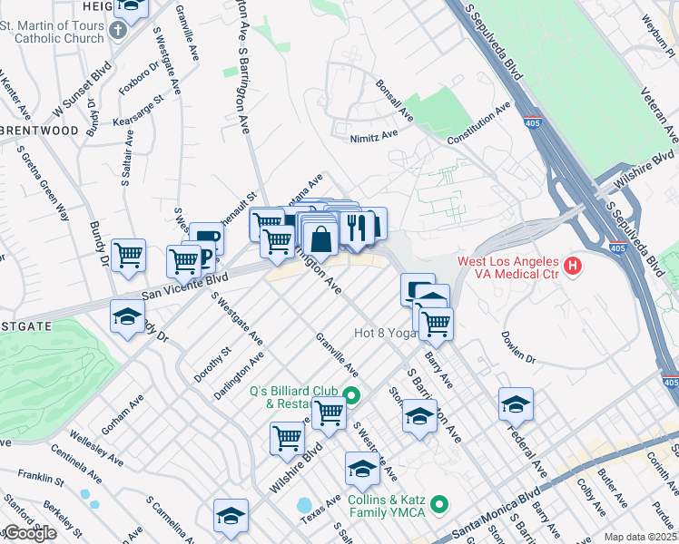 map of restaurants, bars, coffee shops, grocery stores, and more near 11681 Darlington Avenue in Los Angeles