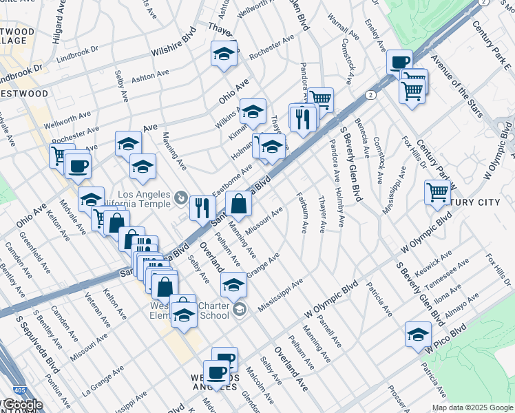 map of restaurants, bars, coffee shops, grocery stores, and more near 10604 California 2 in Los Angeles