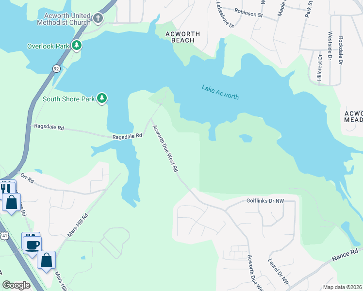 map of restaurants, bars, coffee shops, grocery stores, and more near 4056 Acworth Due West Road in Acworth