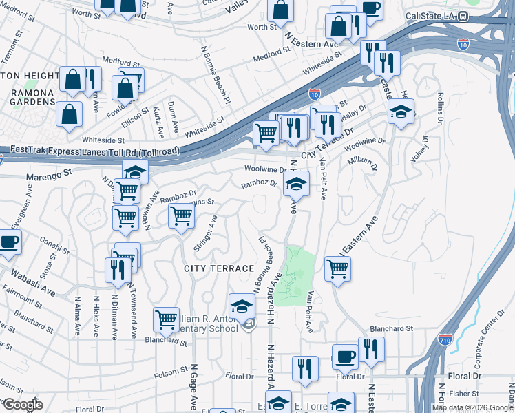 map of restaurants, bars, coffee shops, grocery stores, and more near 3917 Dwiggins Street in Los Angeles