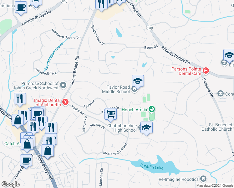 map of restaurants, bars, coffee shops, grocery stores, and more near 5145 North Bridges Drive in Alpharetta