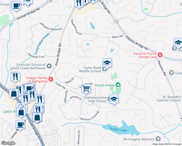 map of restaurants, bars, coffee shops, grocery stores, and more near 5155 North Bridges Drive in Alpharetta