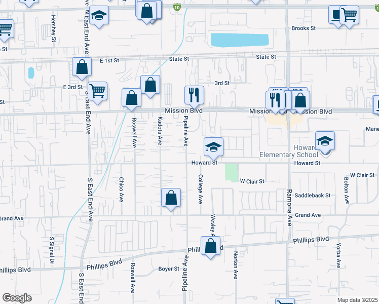 map of restaurants, bars, coffee shops, grocery stores, and more near 11055 Pipeline Avenue in Pomona