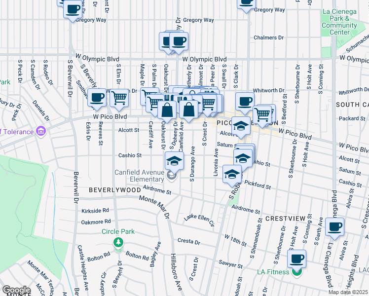 map of restaurants, bars, coffee shops, grocery stores, and more near 1474 South Canfield Avenue in Los Angeles