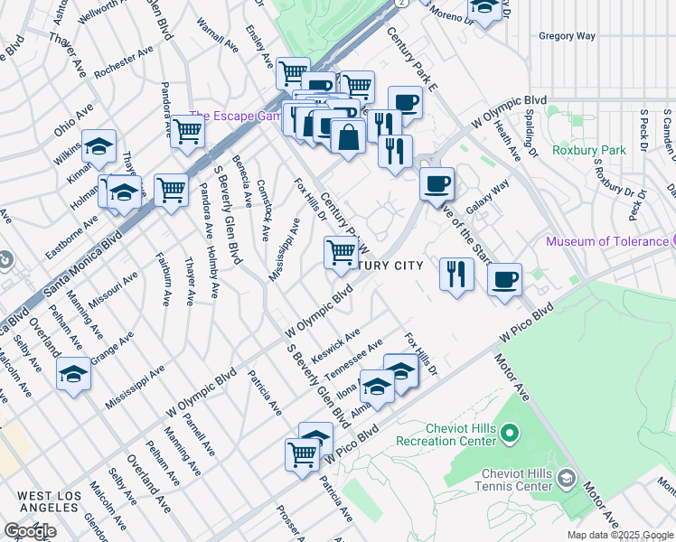map of restaurants, bars, coffee shops, grocery stores, and more near 10317 Lauriston Avenue in Los Angeles