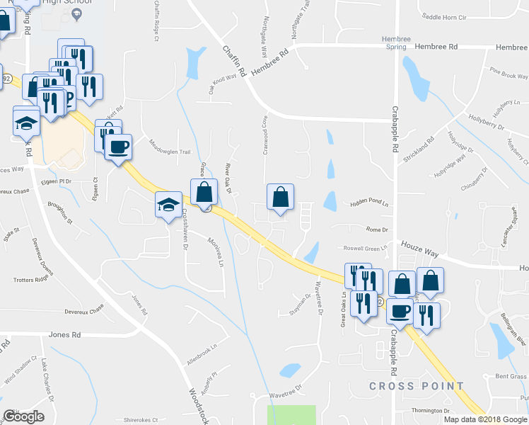 map of restaurants, bars, coffee shops, grocery stores, and more near 1205 Fairfax Way in Roswell