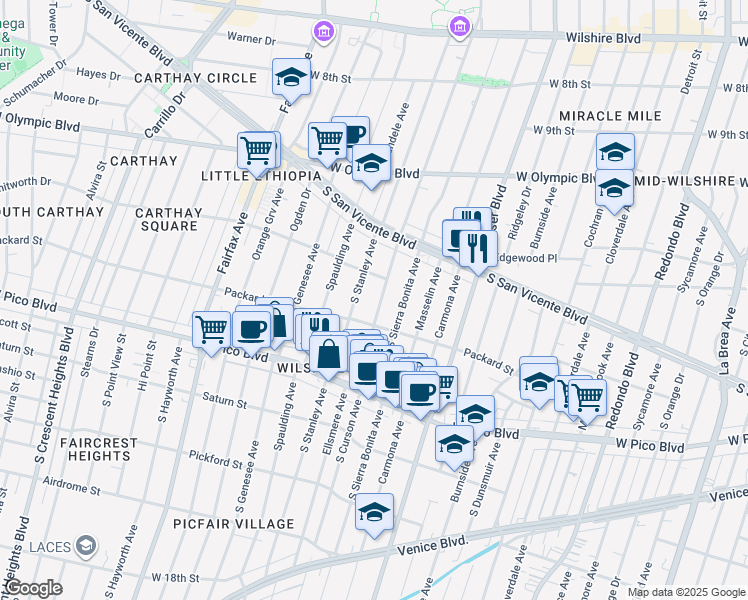 map of restaurants, bars, coffee shops, grocery stores, and more near 1227 South Curson Avenue in Los Angeles