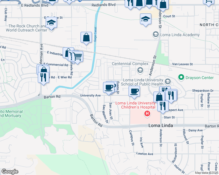 map of restaurants, bars, coffee shops, grocery stores, and more near 11052 San Juan Street in Loma Linda