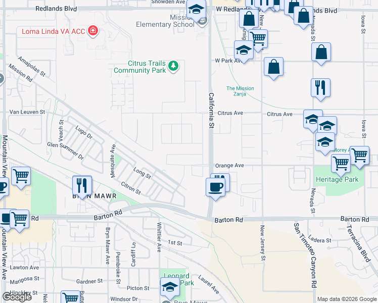map of restaurants, bars, coffee shops, grocery stores, and more near 26387 Seville Lane in Loma Linda