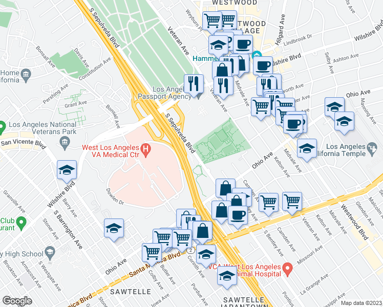map of restaurants, bars, coffee shops, grocery stores, and more near 1351 South Sepulveda Boulevard in Los Angeles