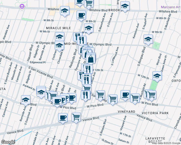 map of restaurants, bars, coffee shops, grocery stores, and more near 1213 South La Brea Avenue in Los Angeles