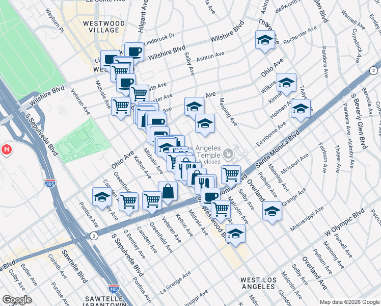 map of restaurants, bars, coffee shops, grocery stores, and more near 1645 Malcolm Avenue in Los Angeles