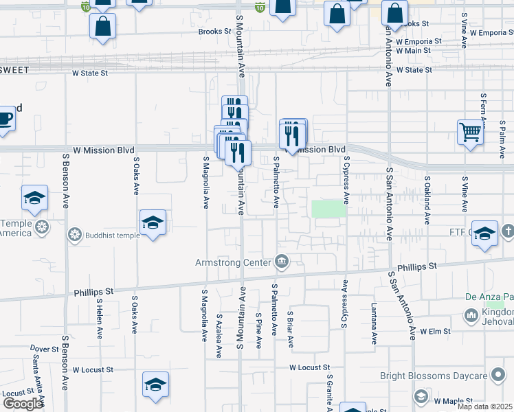 map of restaurants, bars, coffee shops, grocery stores, and more near 1040 West Ralston Street in Ontario