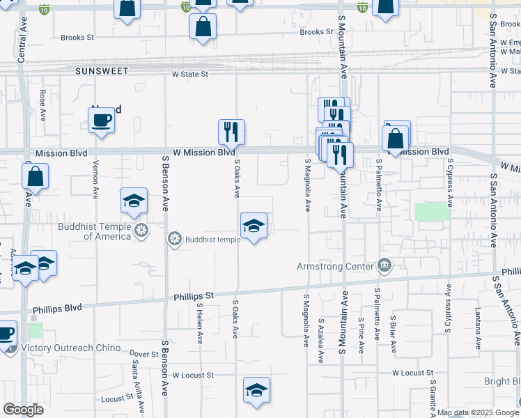map of restaurants, bars, coffee shops, grocery stores, and more near 1330 West Ralston Street in Ontario
