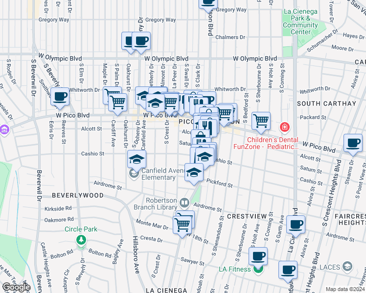 map of restaurants, bars, coffee shops, grocery stores, and more near 8856 Saturn Street in Los Angeles