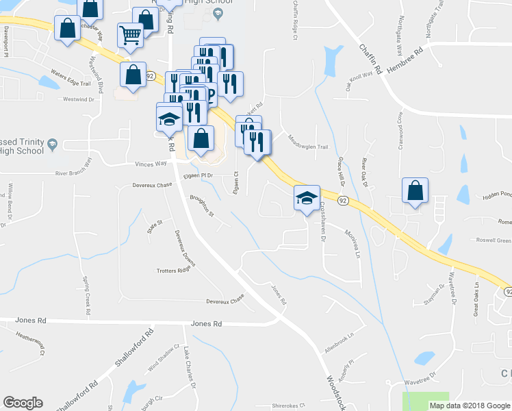 map of restaurants, bars, coffee shops, grocery stores, and more near 1245 Lyndhurst Way in Roswell