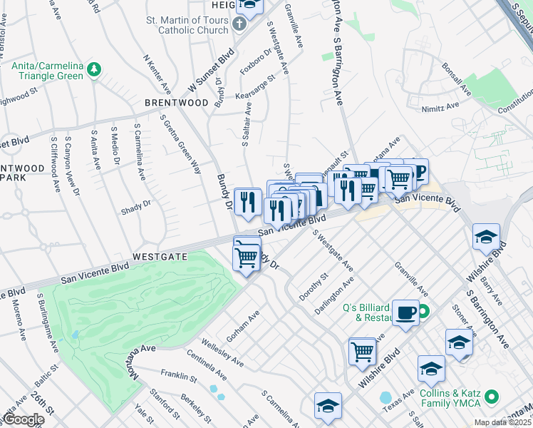 map of restaurants, bars, coffee shops, grocery stores, and more near 644 South Saltair Avenue in Los Angeles