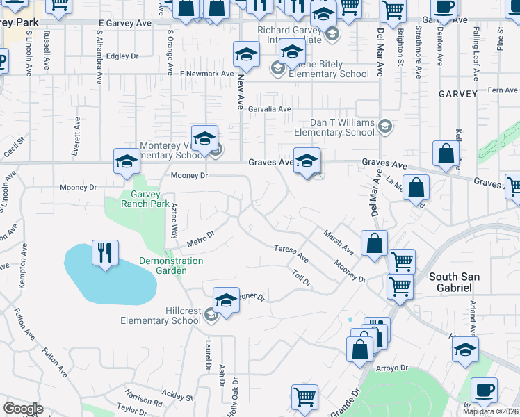 map of restaurants, bars, coffee shops, grocery stores, and more near 7217 Mooney Drive in Rosemead