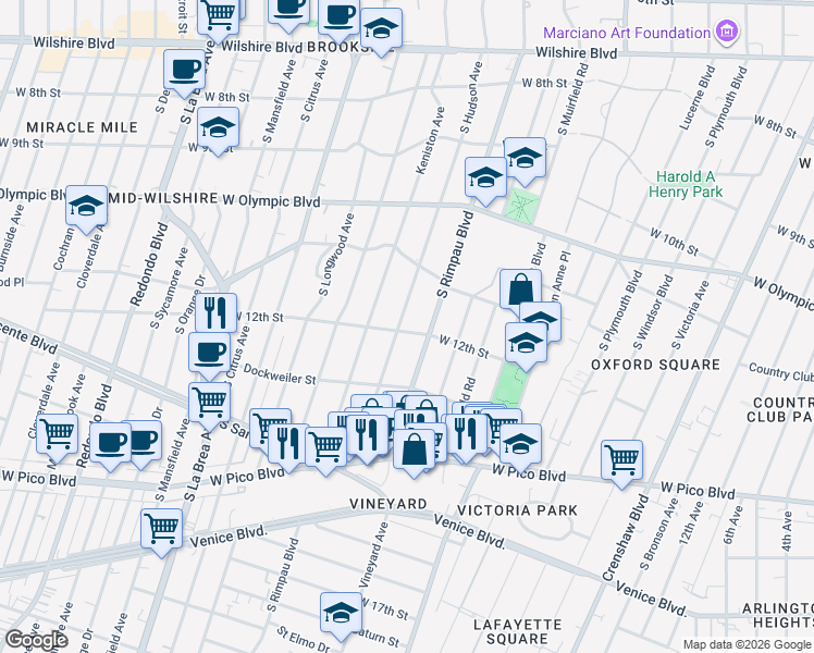 map of restaurants, bars, coffee shops, grocery stores, and more near 1172 South Hudson Avenue in Los Angeles
