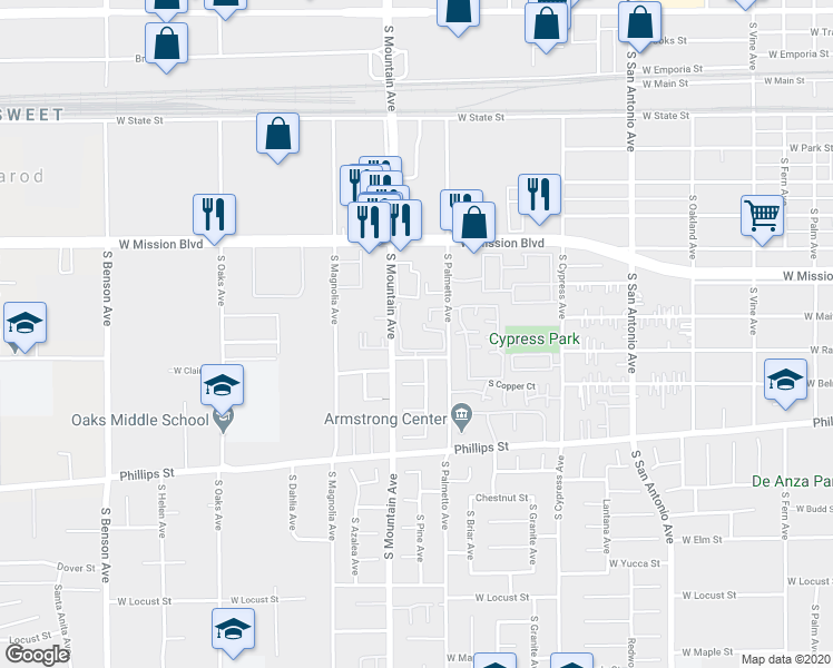 map of restaurants, bars, coffee shops, grocery stores, and more near 1040 West Ralston Street in Ontario