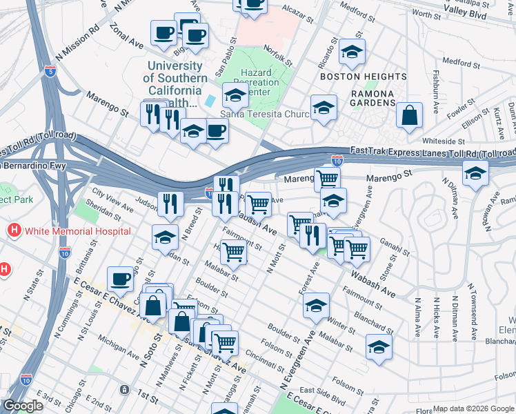 map of restaurants, bars, coffee shops, grocery stores, and more near 2462 Pomeroy Avenue in Los Angeles