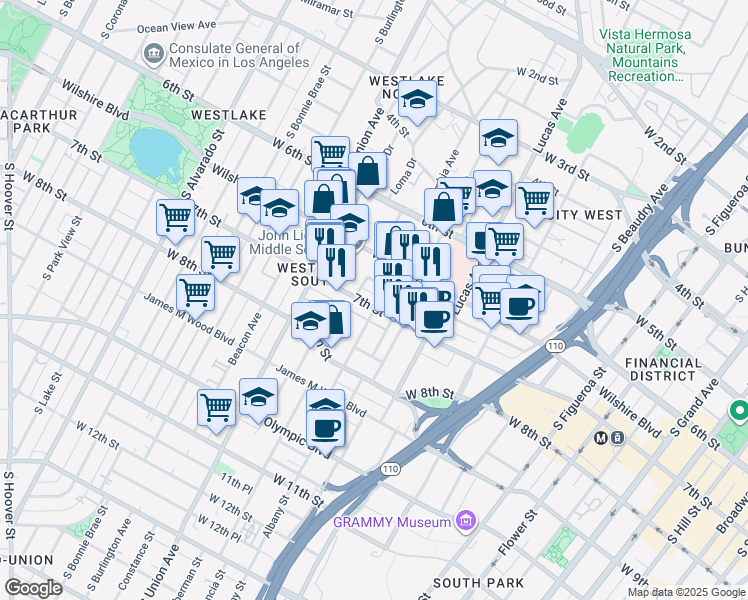 map of restaurants, bars, coffee shops, grocery stores, and more near in Los Angeles