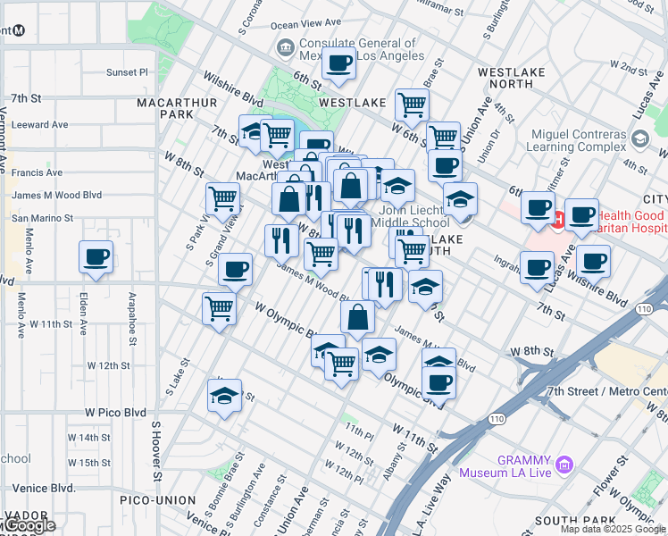 map of restaurants, bars, coffee shops, grocery stores, and more near 817 South Burlington Avenue in Los Angeles