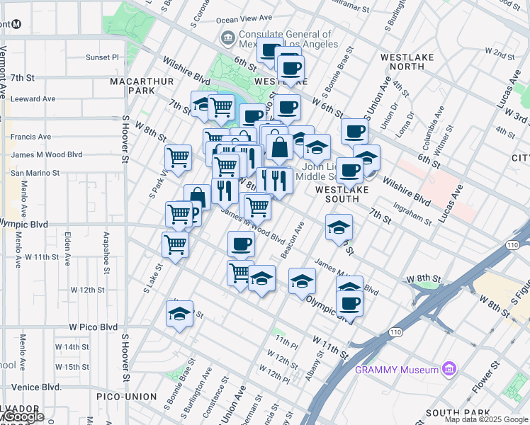 map of restaurants, bars, coffee shops, grocery stores, and more near 829 South Bonnie Brae Street in Los Angeles