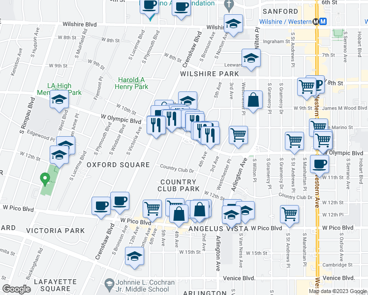 map of restaurants, bars, coffee shops, grocery stores, and more near 1015 5th Avenue in Los Angeles