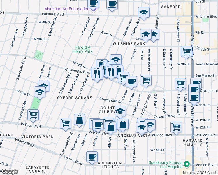map of restaurants, bars, coffee shops, grocery stores, and more near 1035 South Norton Avenue in Los Angeles