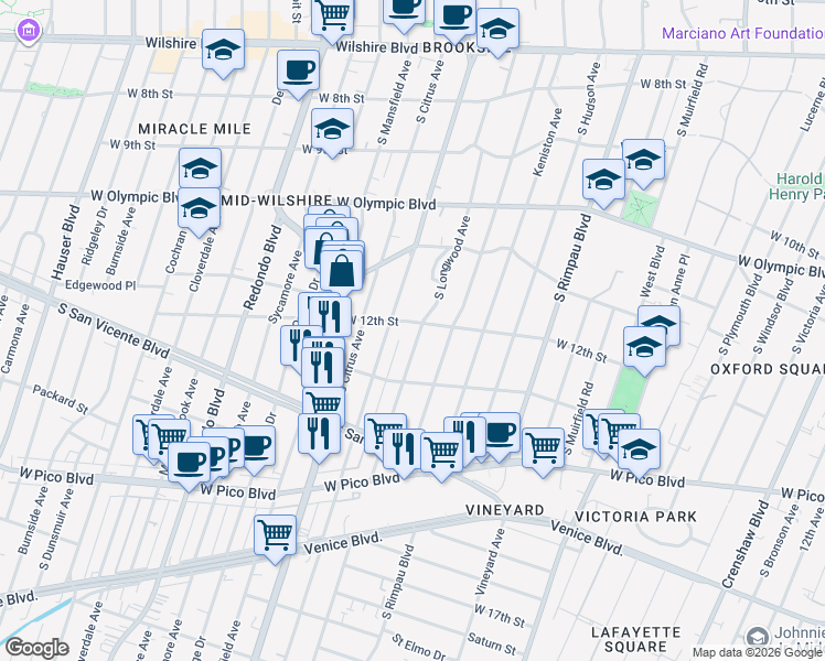 map of restaurants, bars, coffee shops, grocery stores, and more near 4918 West 12th Street in Los Angeles