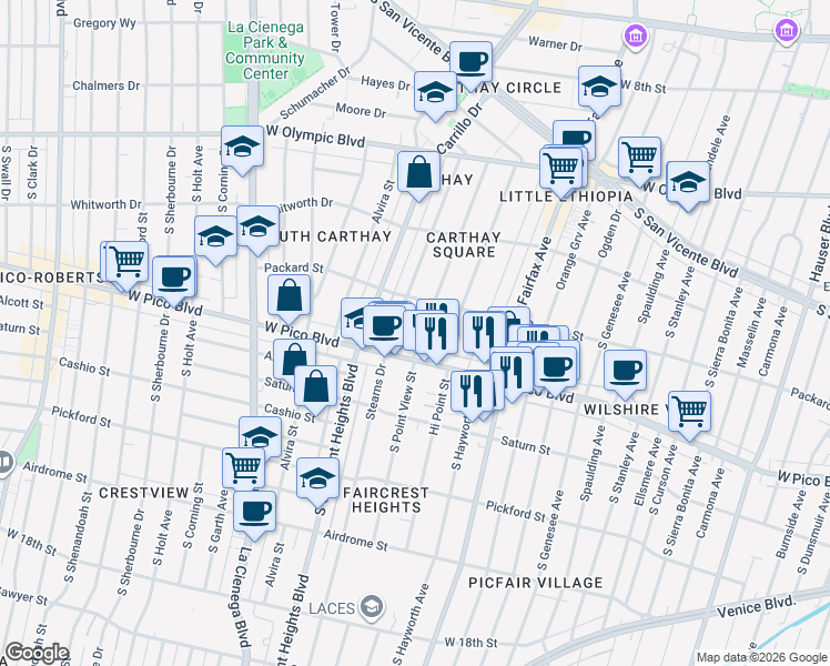 map of restaurants, bars, coffee shops, grocery stores, and more near 1236 South Point View Street in Los Angeles