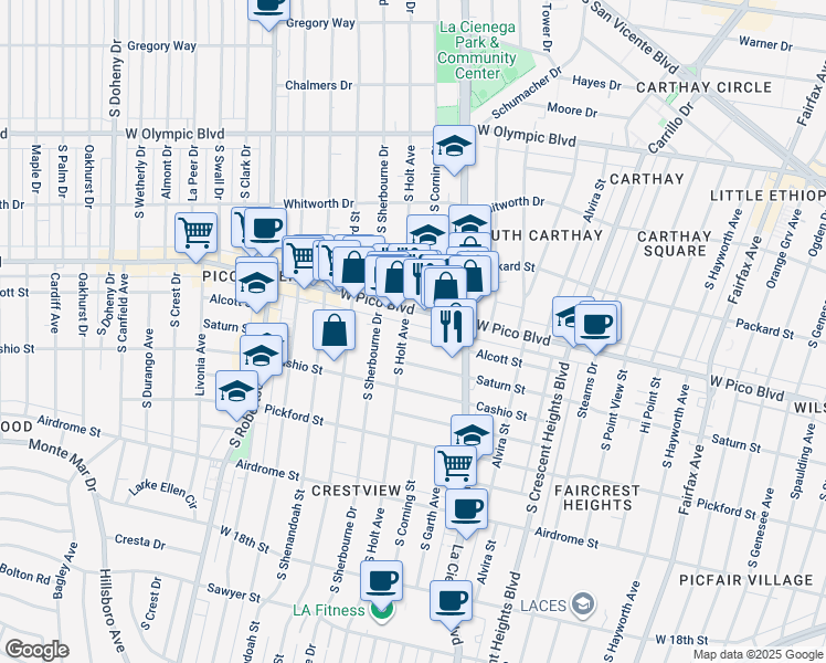 map of restaurants, bars, coffee shops, grocery stores, and more near 1423 South Holt Avenue in Los Angeles