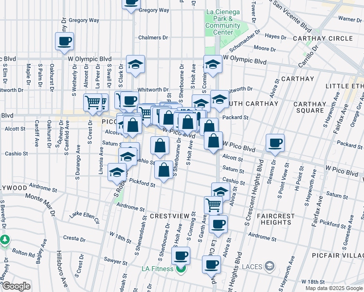 map of restaurants, bars, coffee shops, grocery stores, and more near 1431 South Sherbourne Drive in Los Angeles