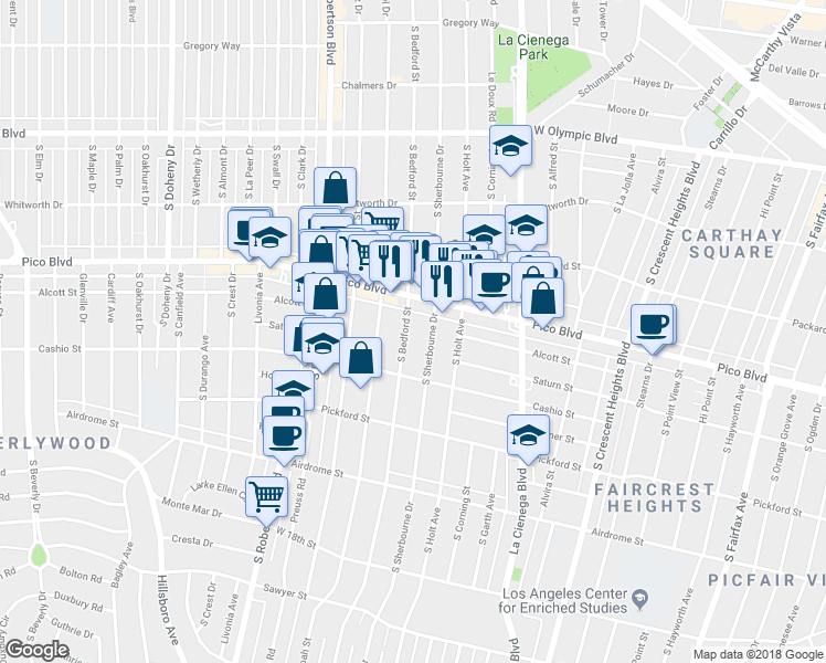map of restaurants, bars, coffee shops, grocery stores, and more near 1431 South Sherbourne Drive in Los Angeles