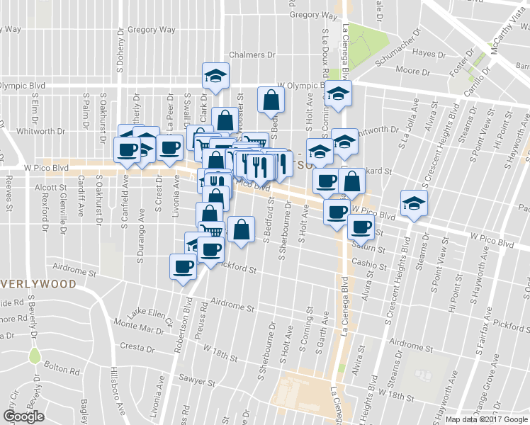 map of restaurants, bars, coffee shops, grocery stores, and more near 1442 South Shenandoah Street in Los Angeles