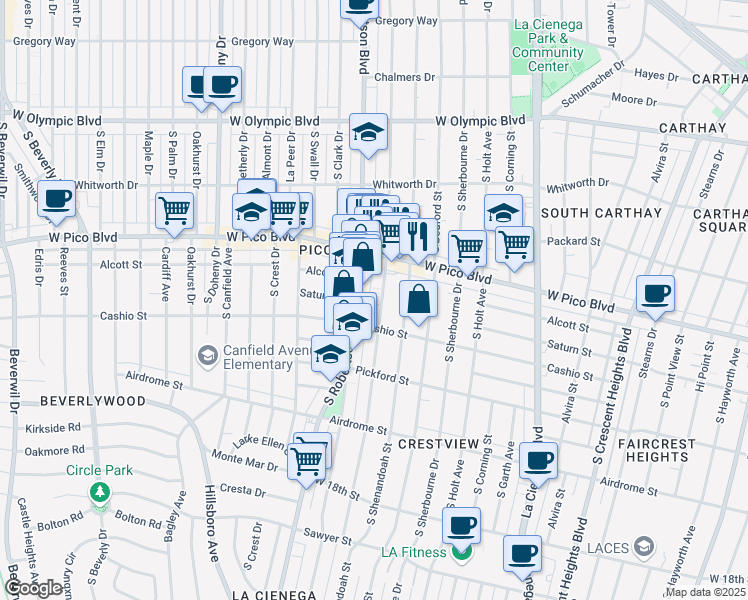 map of restaurants, bars, coffee shops, grocery stores, and more near 1455 South Wooster Street in Los Angeles