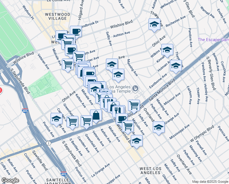 map of restaurants, bars, coffee shops, grocery stores, and more near 1644 Malcolm Avenue in Los Angeles